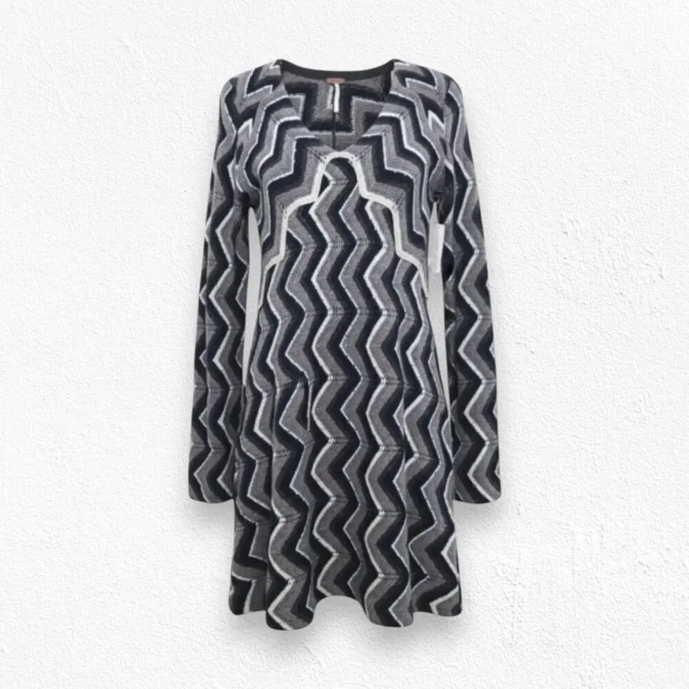Free People Black Rhiannon Chevron Knit Sweater Dress Wool Blend Zip Sleeve XS